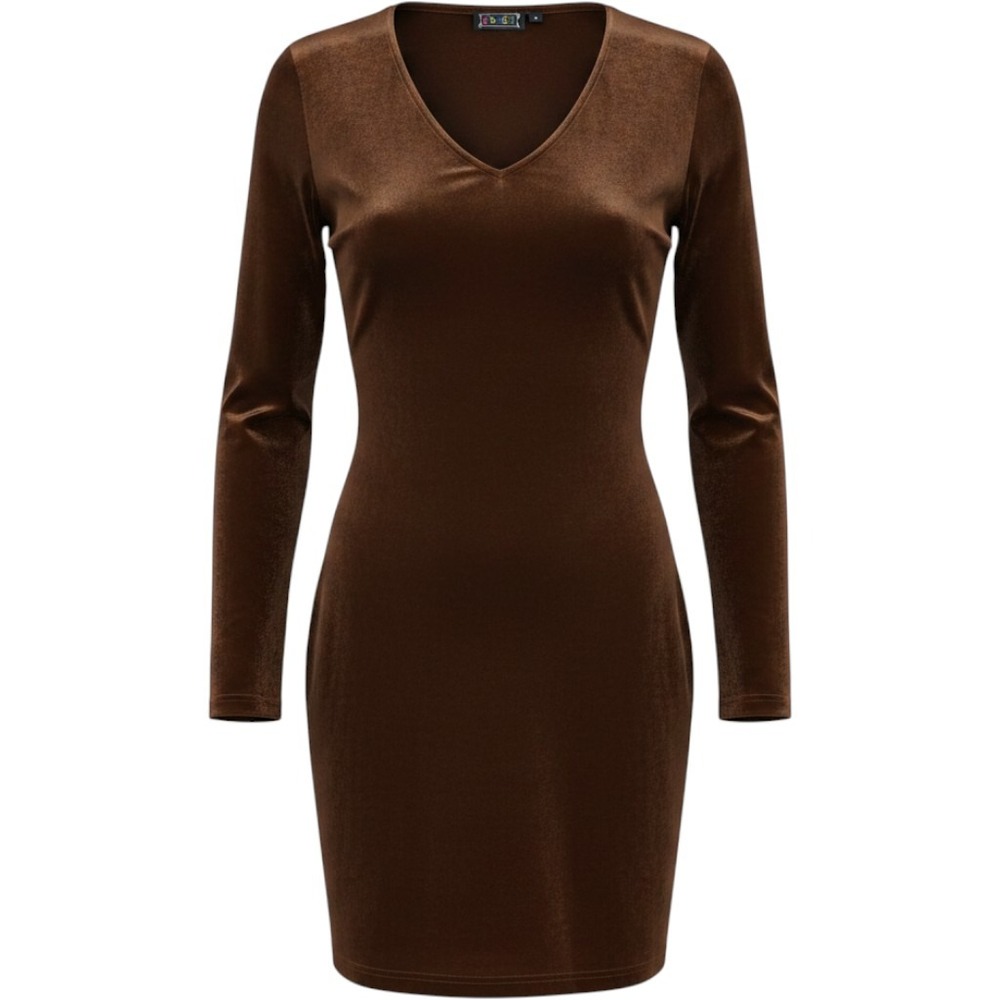 Urban Girl Velvet Mini Dress Womens Medium Brown Excellent Long Sleeve V-Neck